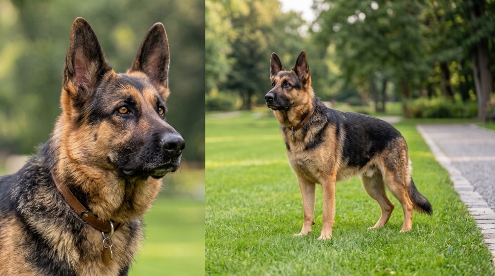 A German Shepherd in a perfect side profile standing on grass in a park