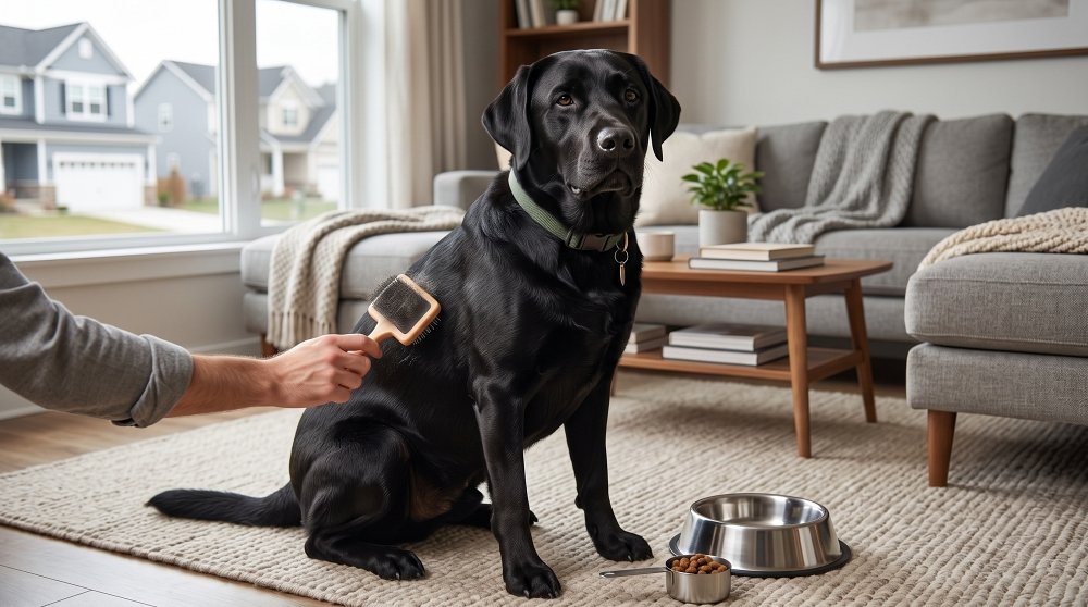 A black Labrador sitting in a living room while being brushed