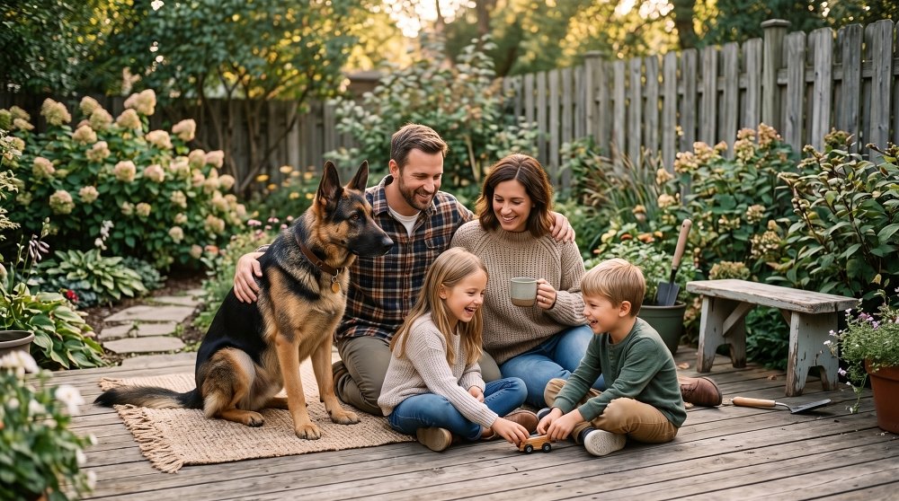 A family with two children and a German Shepherd relaxing on a garden deck
