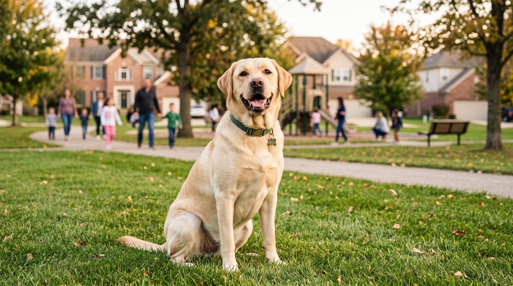 A happy yellow Labrador sitting proudly in a suburban park