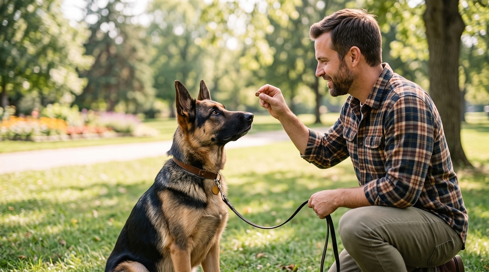 A man crouching and giving a treat to a German Shepherd in a park