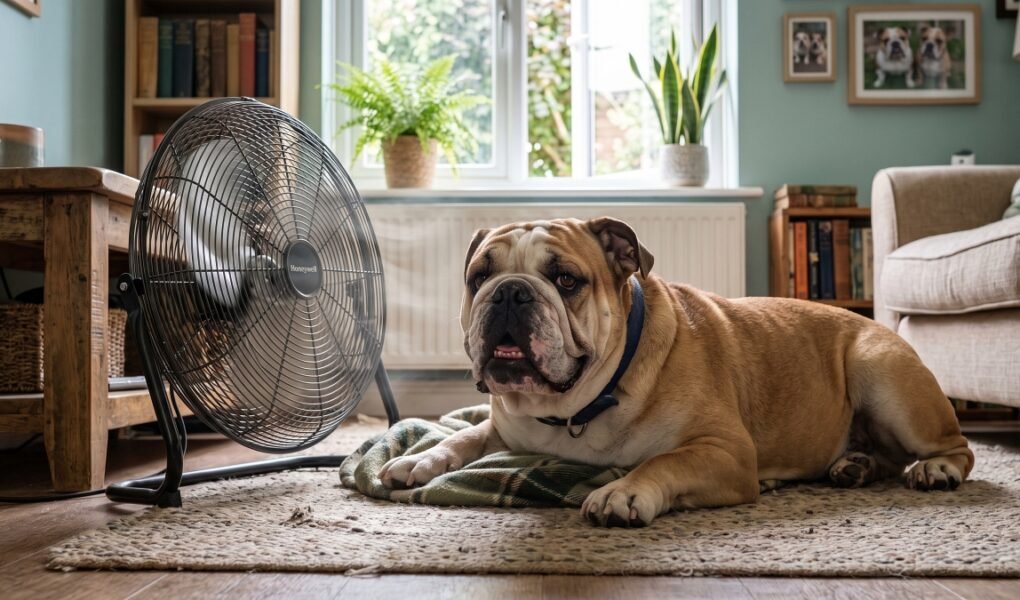 English Bulldog resting on the floor in front of an electric fan