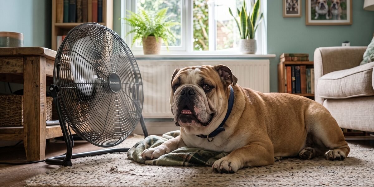English Bulldog resting on the floor in front of an electric fan