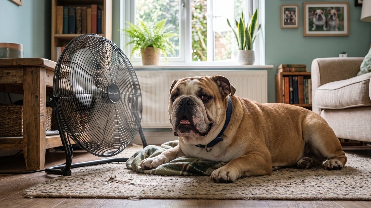 English Bulldog resting on the floor in front of an electric fan