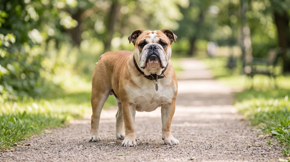 English Bulldog standing on a gravel path outdoors