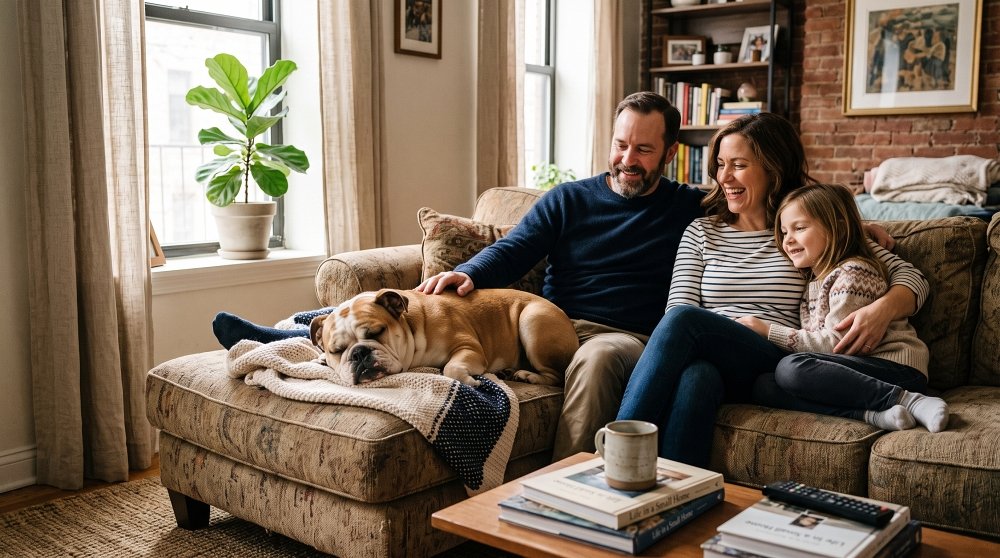 Family sitting on a sofa with an English Bulldog sleeping on a blanket