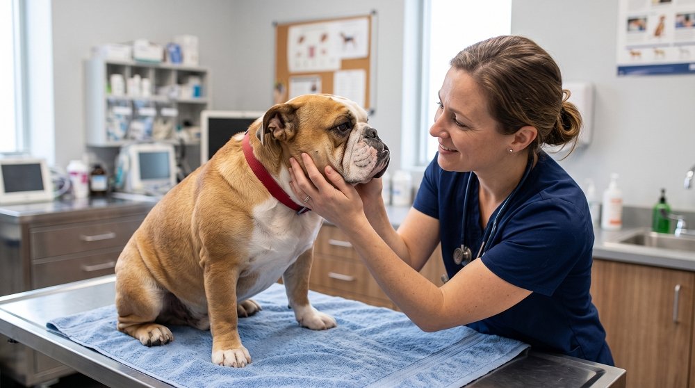 Female veterinarian examining an English Bulldog on an exam table