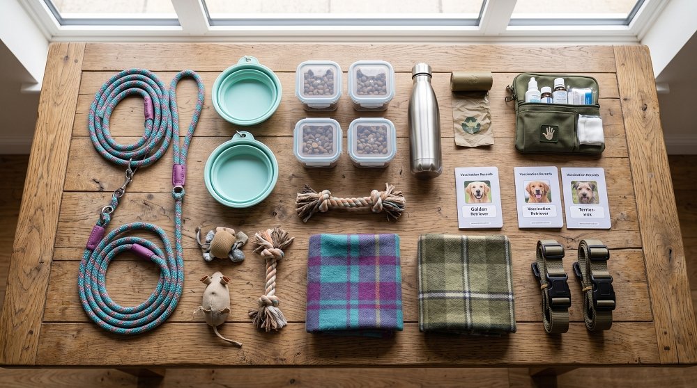 Flat lay arrangement of dog travel supplies, including leashes, food containers, bowls, and vaccination records