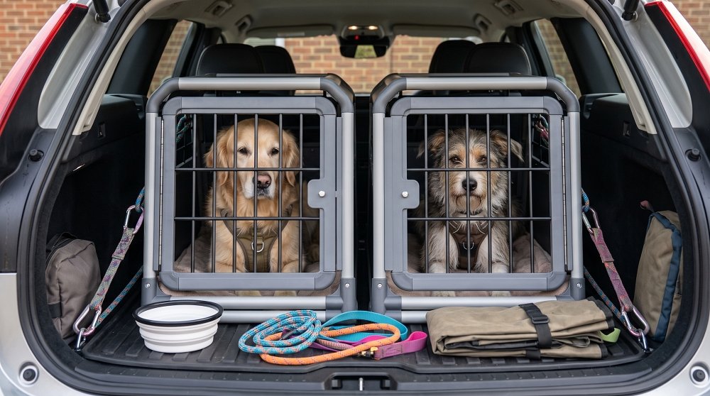 Two dogs resting inside separate travel crates secured in an SUV trunk