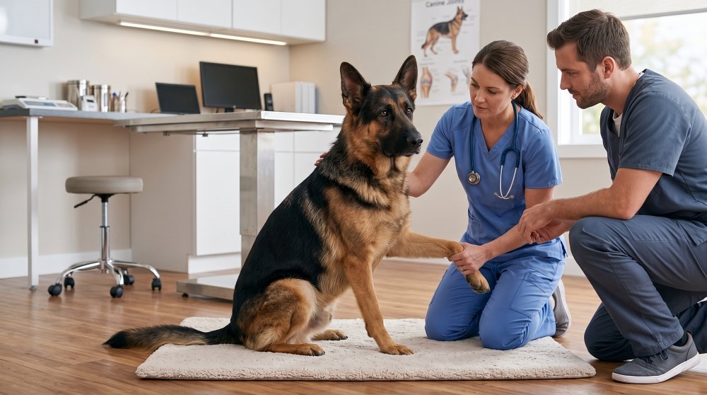 Two veterinarians kneeling and examining a German Shepherd’s paw in a modern clinic