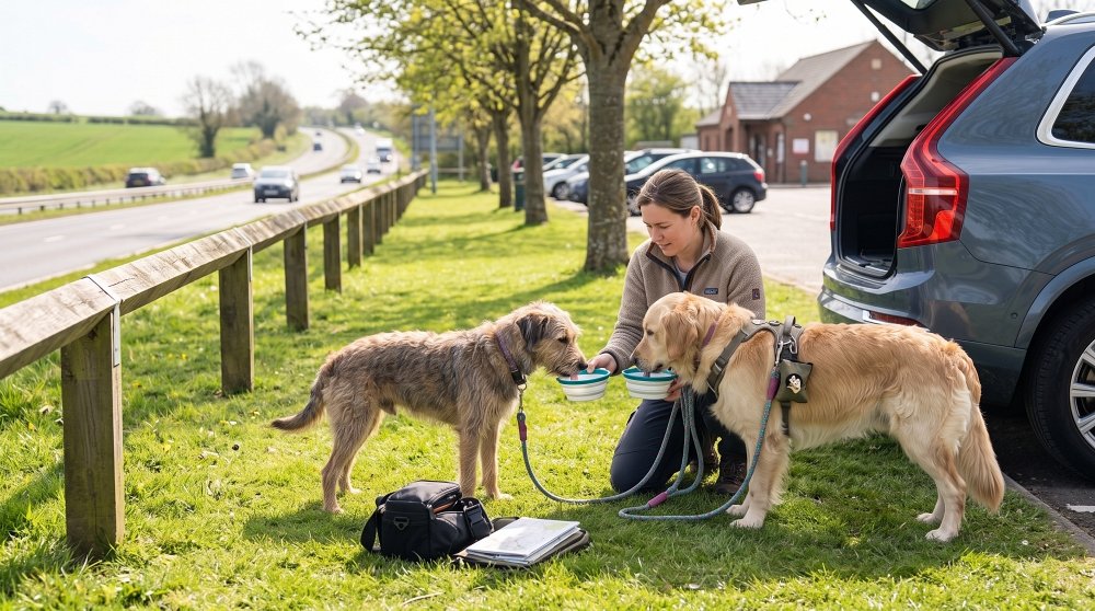 Woman giving water from travel bowls to two dogs during a roadside rest stop