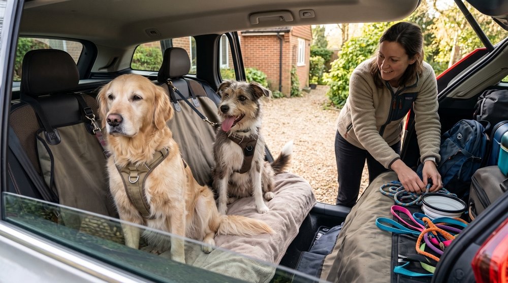 Woman packing dog supplies into a car trunk with two dogs sitting on the back seat