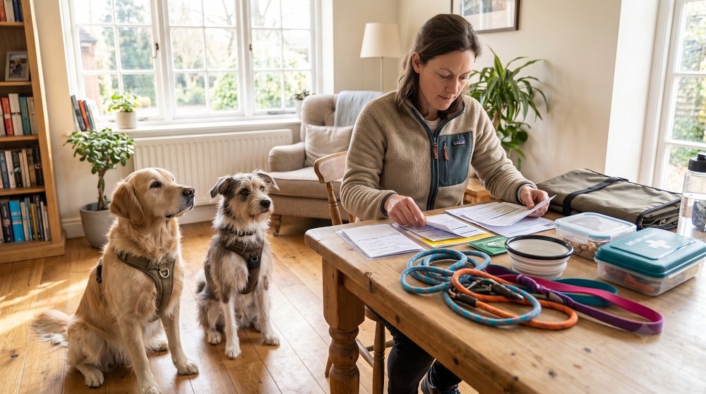 Woman reviewing documents at a table next to two sitting dogs and pet supplies