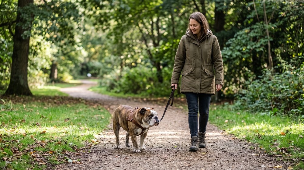 Woman walking an English Bulldog on a leash through a park trail