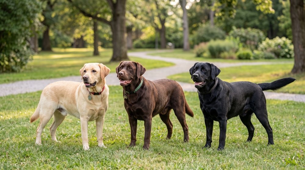 Yellow, chocolate, and black Labrador retrievers standing together on grass