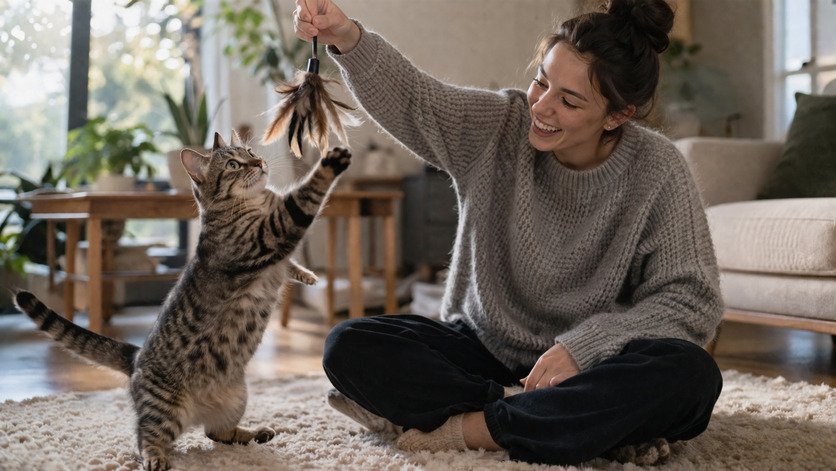 affectionate cat playing with owner