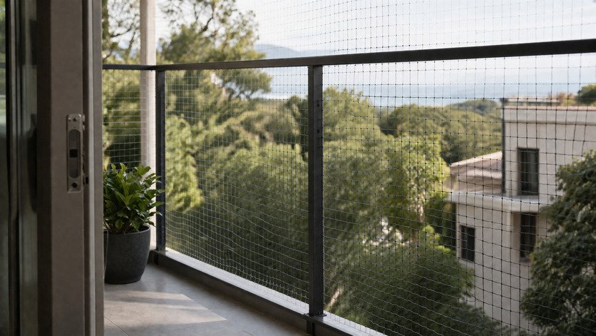Balcony railing fitted with secure mesh netting to prevent a cat from falling