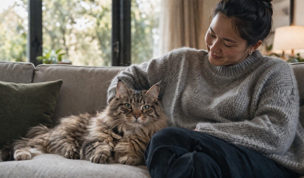 calm cat with new owner living room