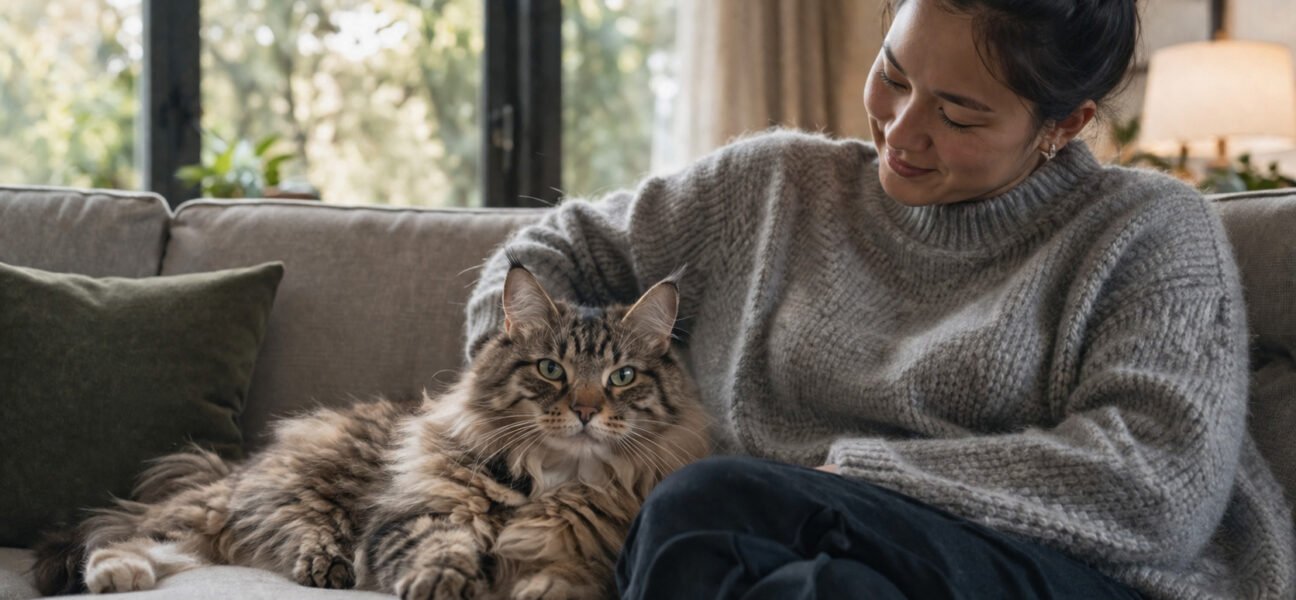calm cat with new owner living room