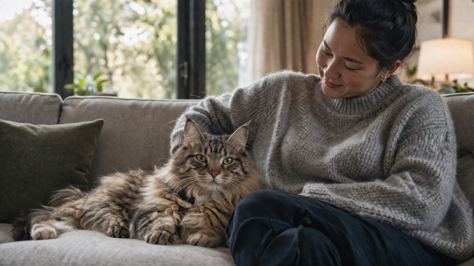 calm cat with new owner living room