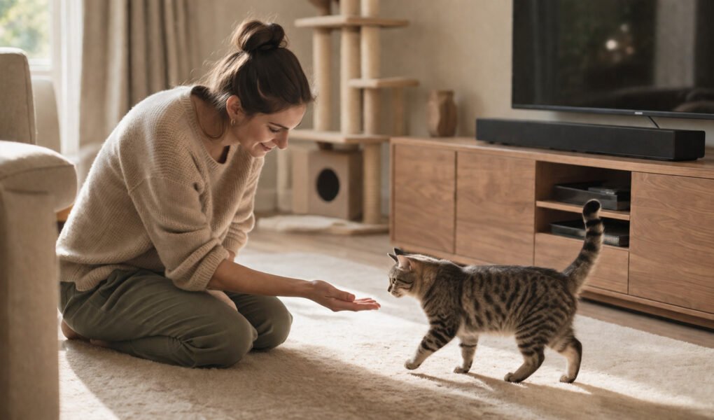 Person kneeling in a tidy, cat-proofed living room welcoming a cat into its new home