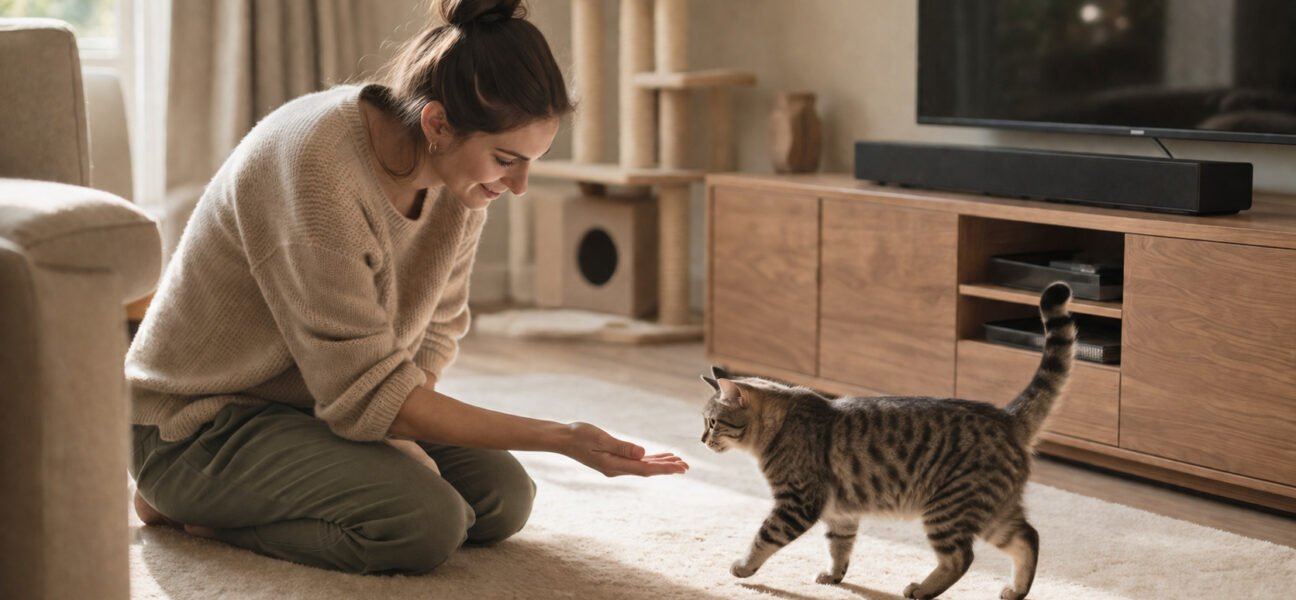 Person kneeling in a tidy, cat-proofed living room welcoming a cat into its new home