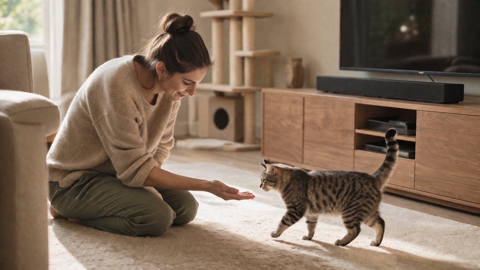 Person kneeling in a tidy, cat-proofed living room welcoming a cat into its new home