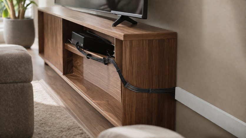 Covered electrical cords behind a living room media console in a cat-proofed home