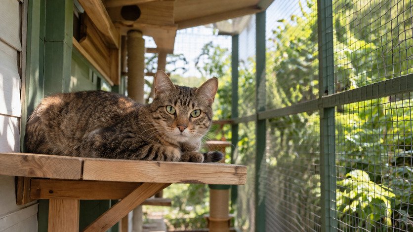 Cat relaxing inside a screened outdoor catio enclosure