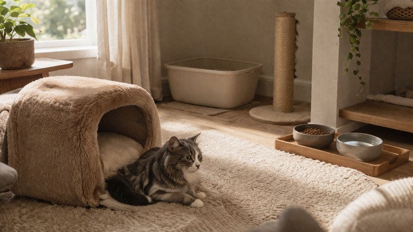 A small safe room set up with a litter box, covered bed, and scratching post for a newly adopted cat