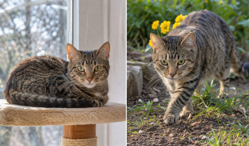 Split image of an indoor cat on a window perch and an outdoor cat in a garden