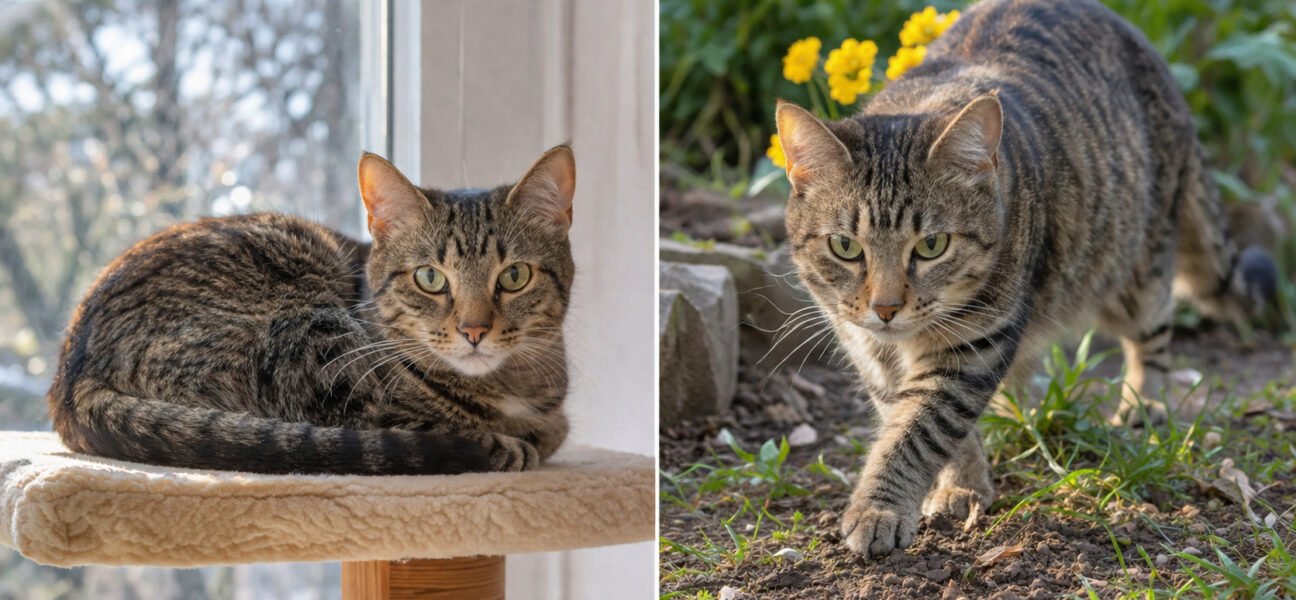 Split image of an indoor cat on a window perch and an outdoor cat in a garden