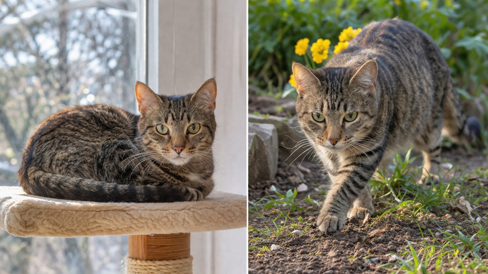 Split image of an indoor cat on a window perch and an outdoor cat in a garden