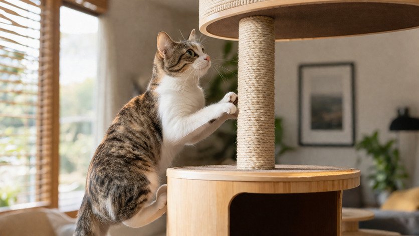 Indoor cat playing on a multi-level cat tree near a window