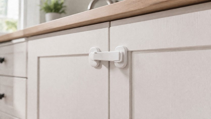 Close-up of a childproof cabinet lock on a kitchen cabinet storing cleaning supplies