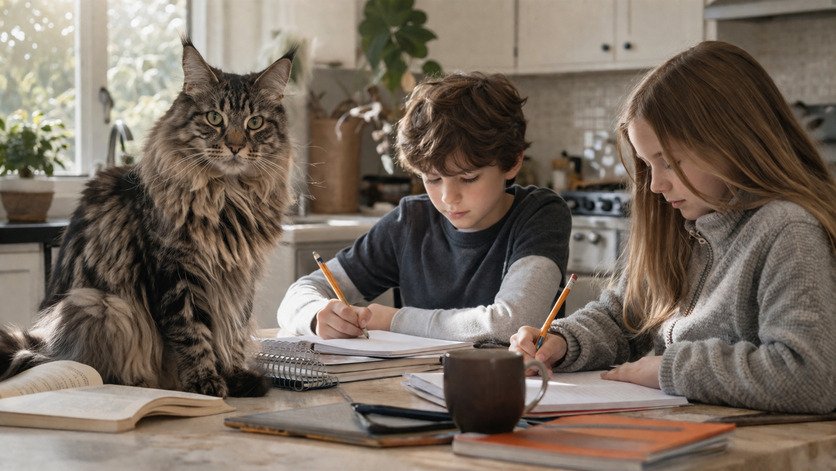 maine coon cat with family