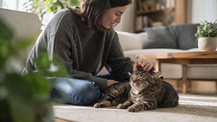 New cat owner petting their cat at home
