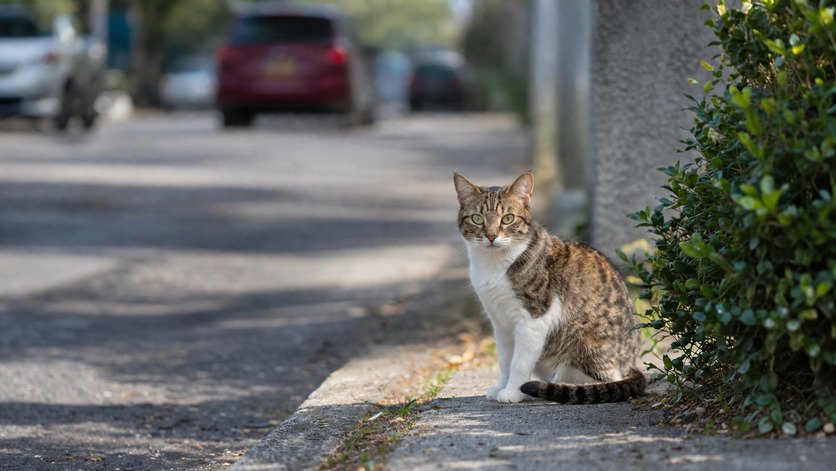 Outdoor cat near a suburban street with passing traffic