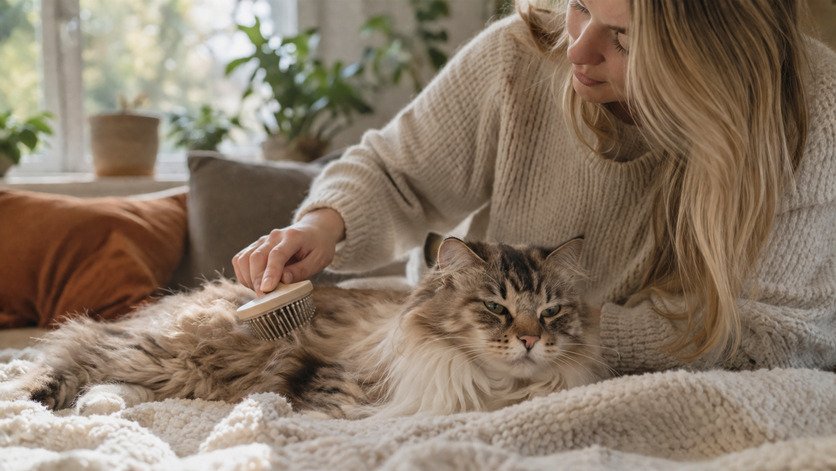 owner grooming long haired cat