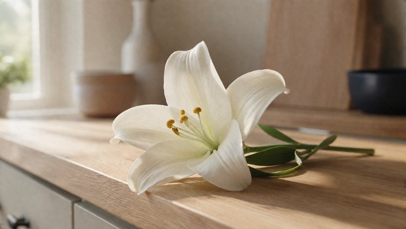 A lily flower on a kitchen counter, illustrating a common toxic plant risk for cats