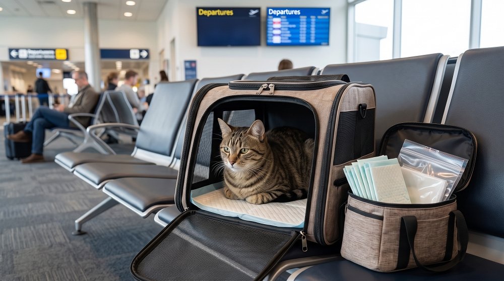 A cat in a backpack carrier in an airport terminal