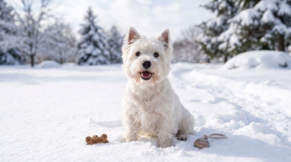 A happy West Highland White Terrier sitting in deep snow outdoors next to dog toys
