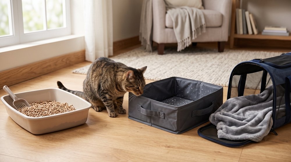 A tabby cat by two types of litter boxes on a wooden floor