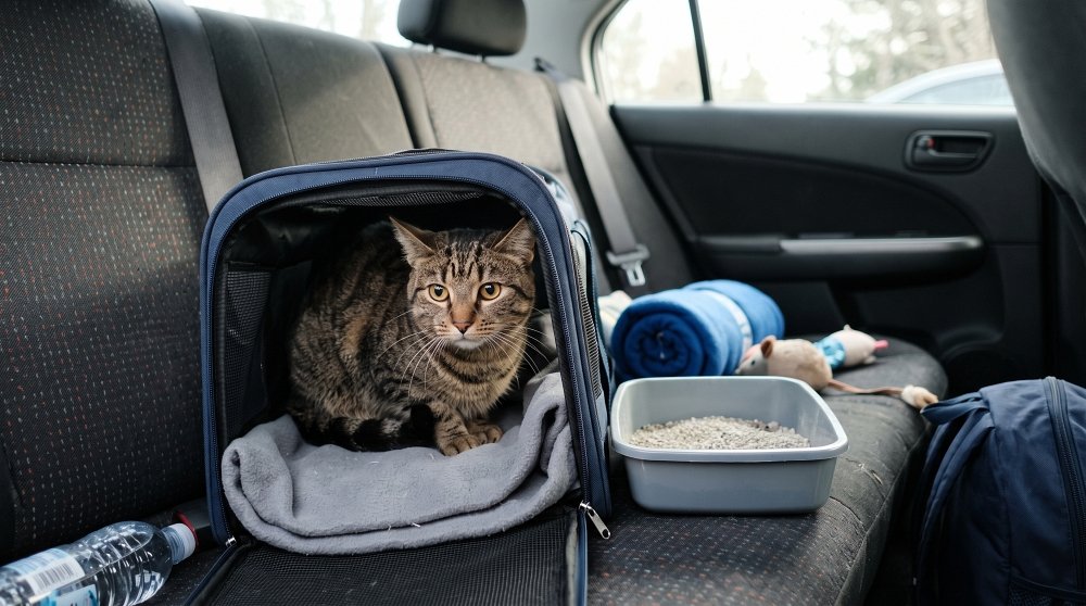 A tabby cat in a travel carrier on a car seat