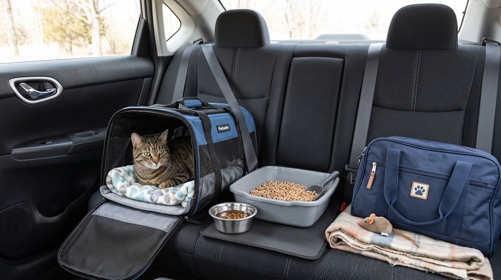 A well-stocked cat travel station on a car seat