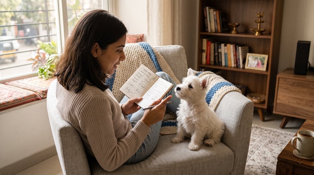 A young woman on an armchair holding a notebook with puppy name ideas next to a small white puppy