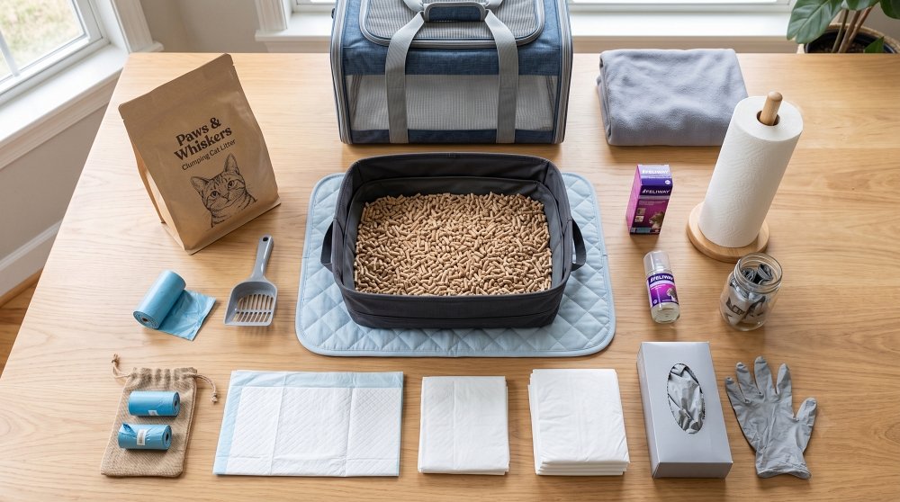 An overhead view of organized cat travel and litter box supplies