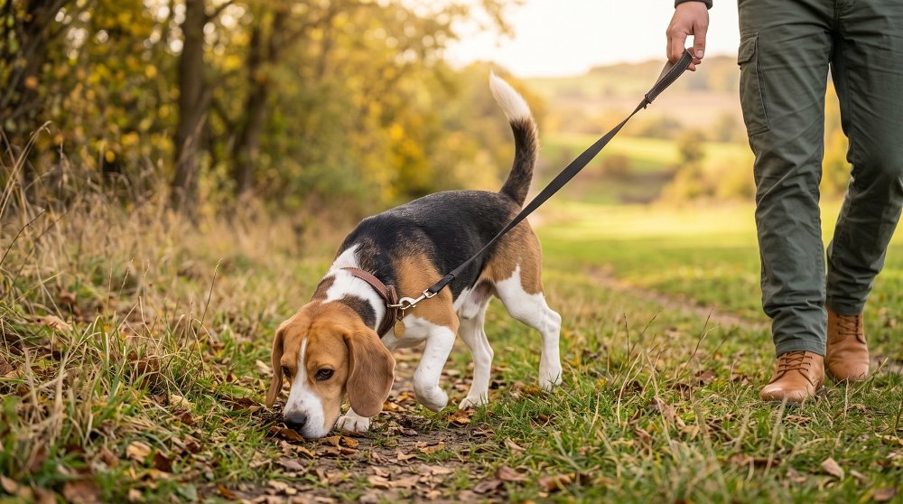 Beagle dog sniffing ground on a leash walk
