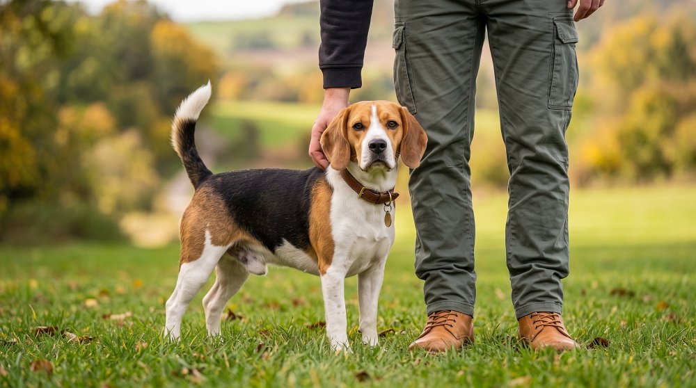 Beagle dog standing next to owner outdoors