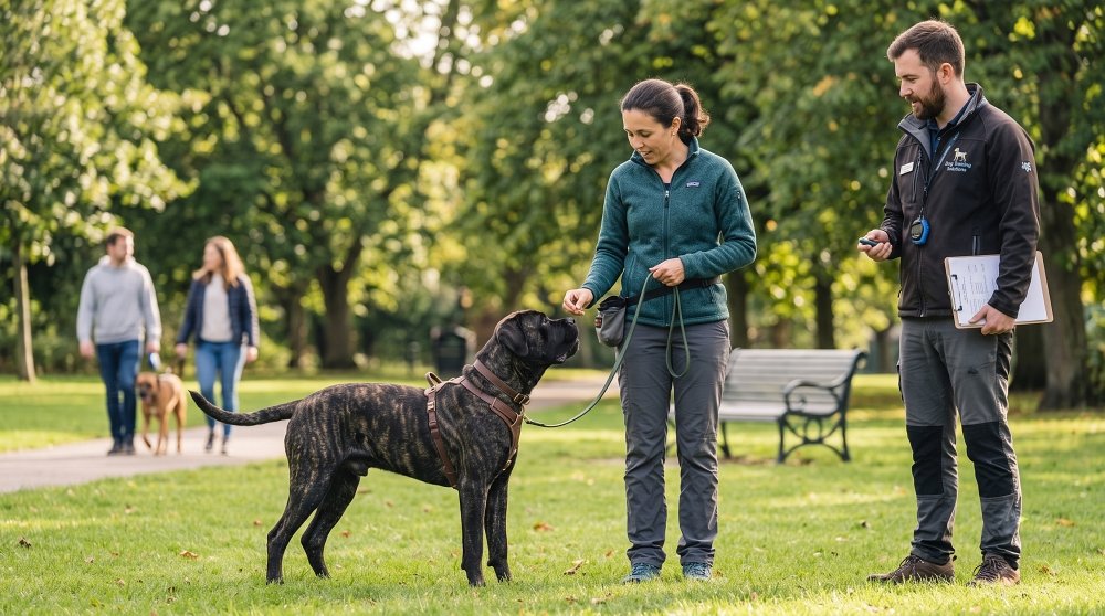 Brindle mastiff receiving treats during outdoor obedience training session
